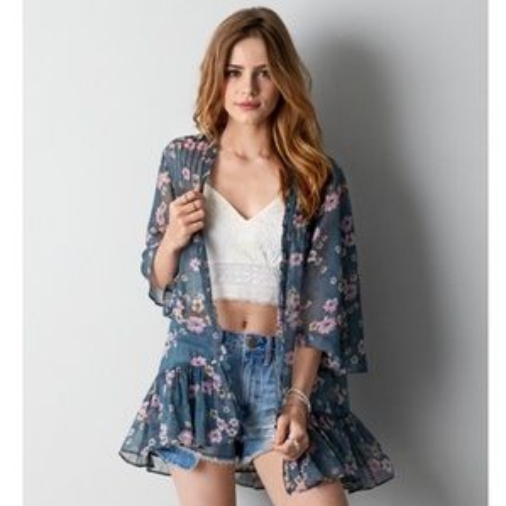 american eagle green sheer floral kimono